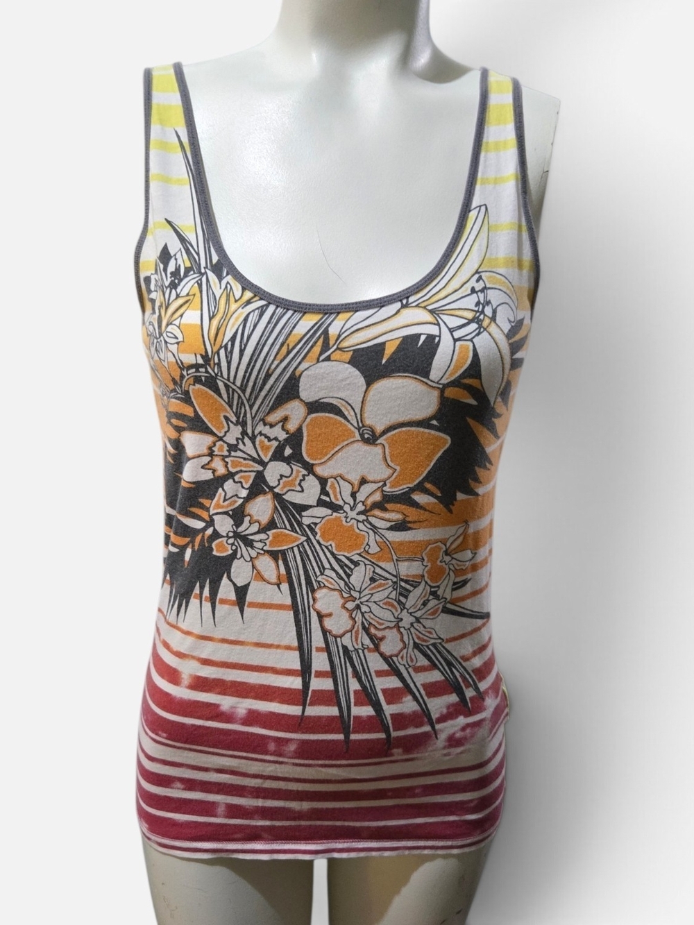 Lucky Tees Small Tropical Floral Tank Top Striped Hawaiian Graphic 100% Cotton S